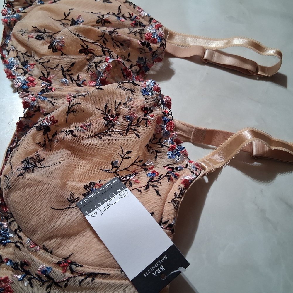 Floral Embroidered Bra - Beige and Multicolor 42D